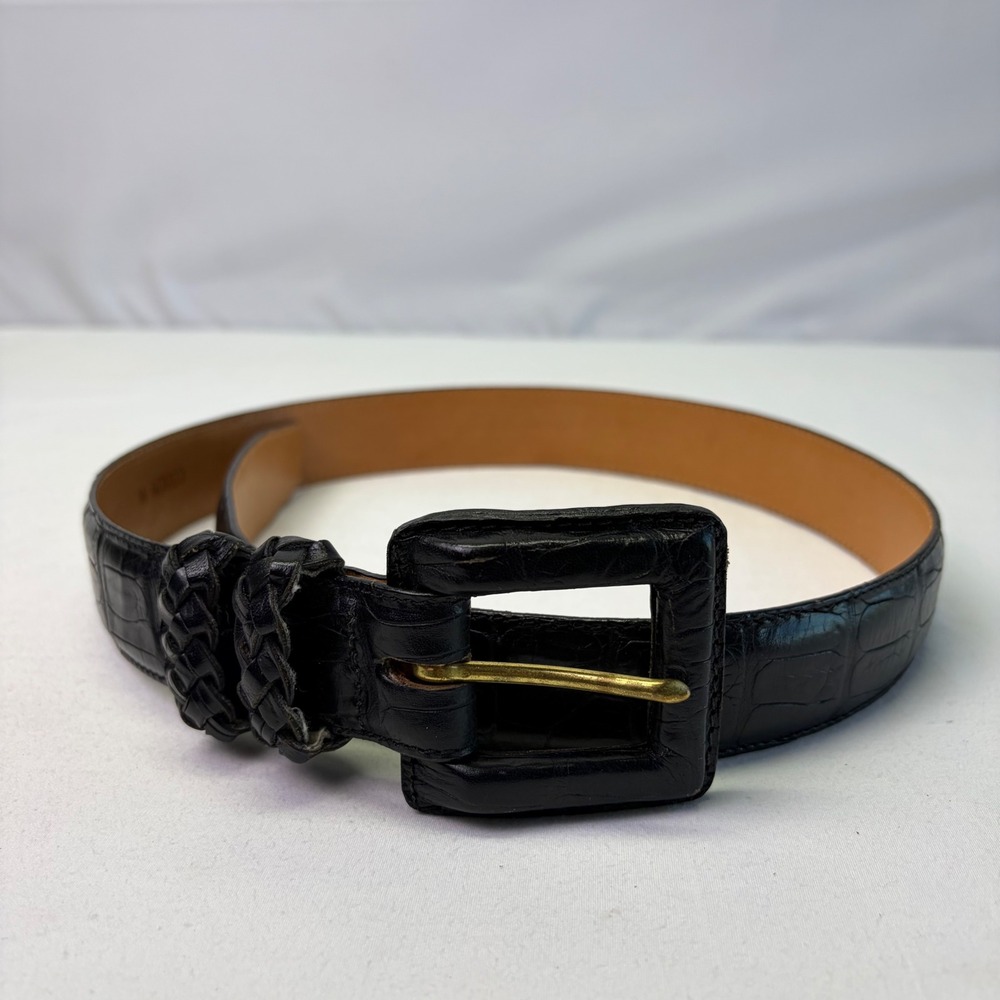 Vintage Brighton Belt Womens M Black Croco Embossed Leather Gold Buckle Classic
